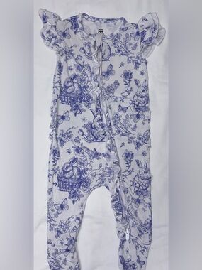 Bums and Roses bamboo romper with bunnies and butterflies ruffled butt sz 6-9 mo